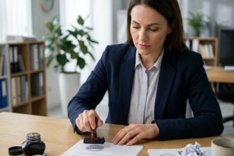 Femme professionnelle utilisant un tampon encreur personnalisé sur un document dans un bureau moderne
