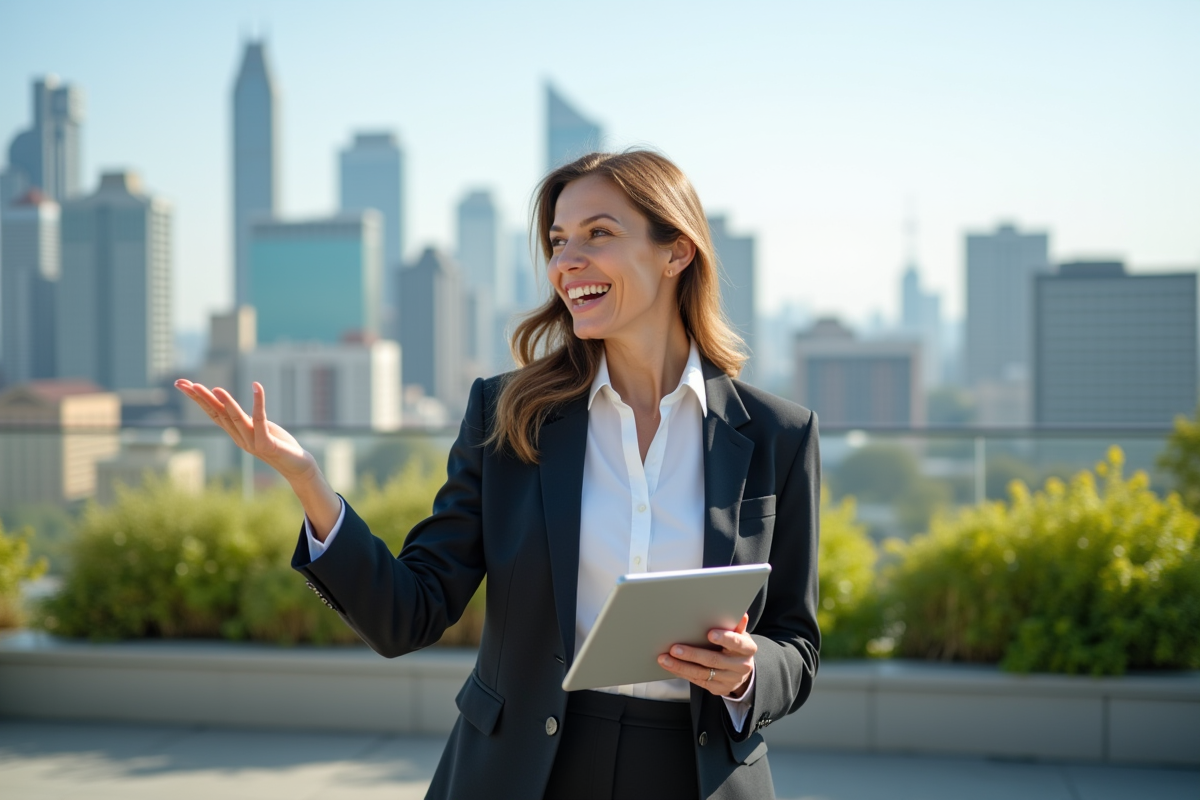Femme souriante sur terrasse avec vue sur la ville