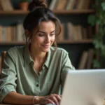 Femme parcourant un test de personnalité archange sur son ordinateur portable dans un bureau à domicile chaleureux