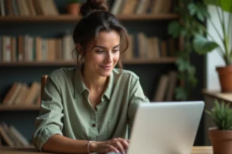 Femme parcourant un test de personnalité archange sur son ordinateur portable dans un bureau à domicile chaleureux