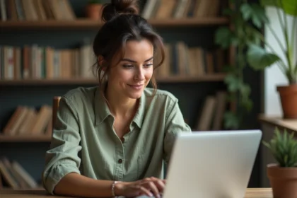 Femme parcourant un test de personnalité archange sur son ordinateur portable dans un bureau à domicile chaleureux