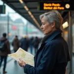 Femme d'âge moyen dans un trench bleu regardant l'horaire à la station parisienne