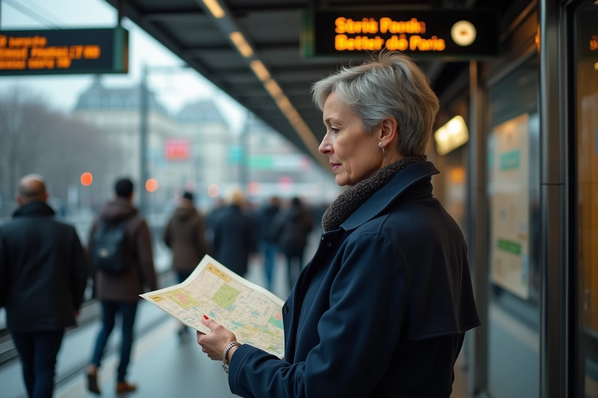 Femme d'âge moyen dans un trench bleu regardant l'horaire à la station parisienne