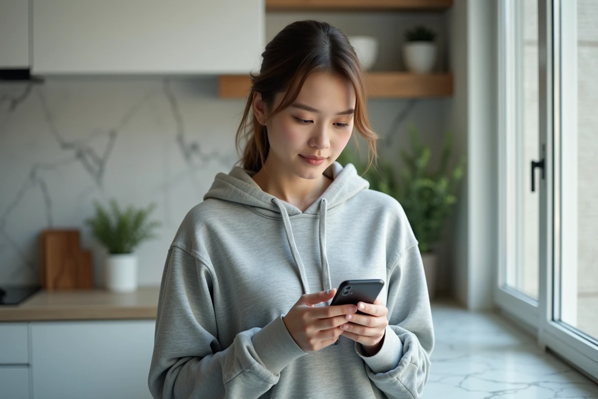 Jeune femme vérifiant un numéro de téléphone algérien sur son smartphone dans un appartement moderne