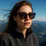Jeune femme avec lunettes de soleil en montagne ensoleillée