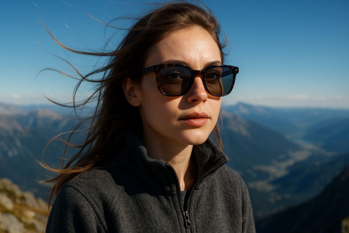 Jeune femme avec lunettes de soleil en montagne ensoleillée