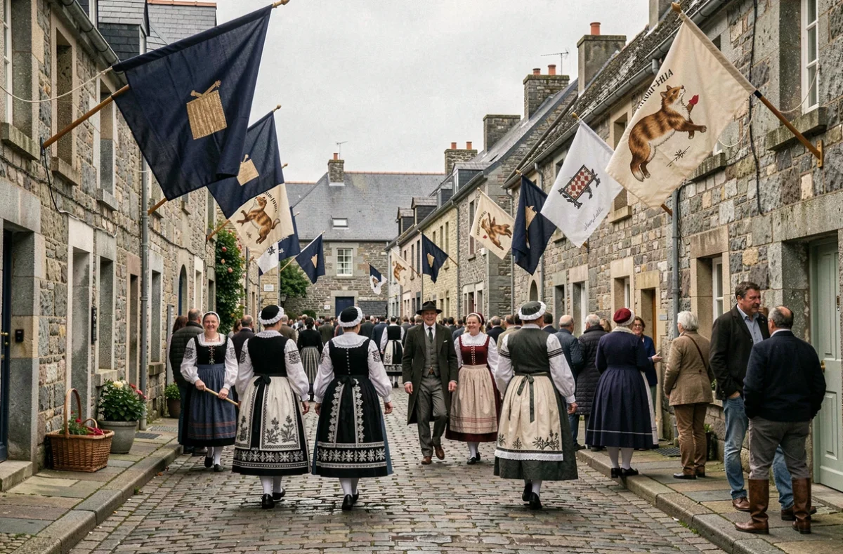 Rue d'un village breton décorée de drapeaux Gwenn-ha-du lors d'une fête traditionnelle avec costumes brodés d'hermines