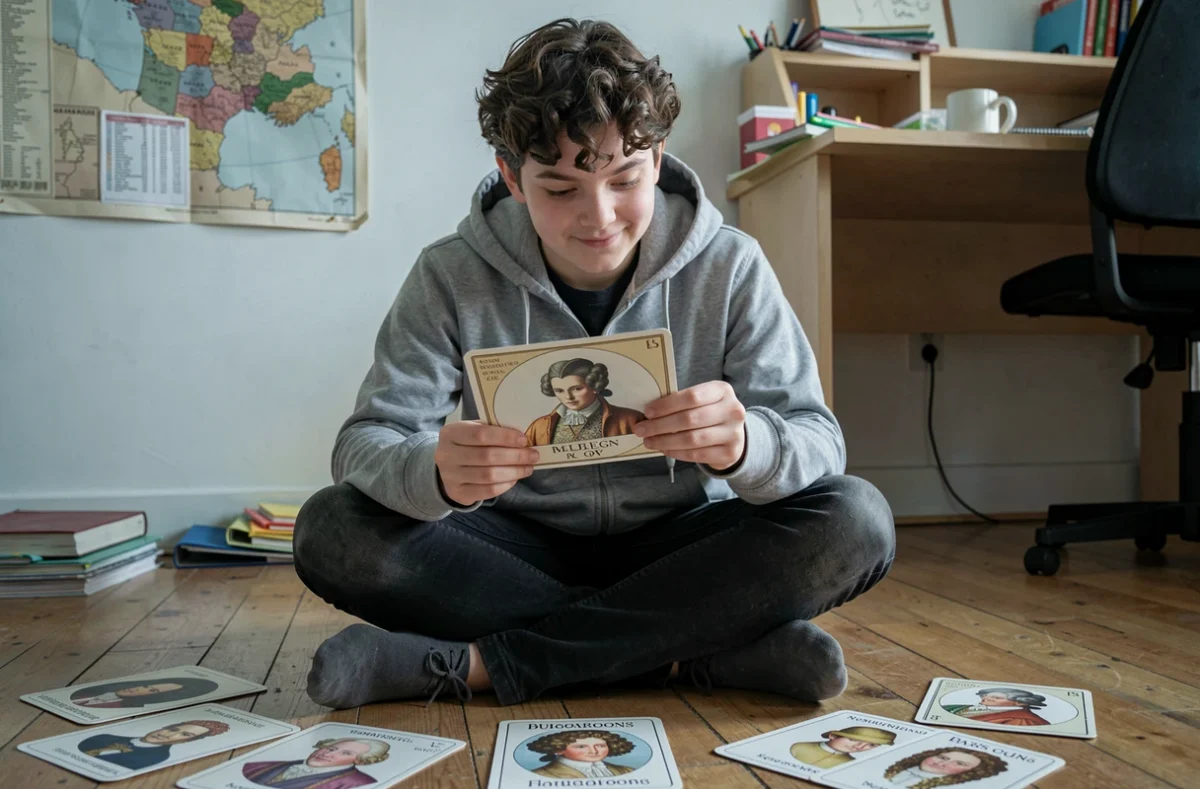 Adolescent apprenant la liste des rois de France grâce à des fiches mnémotechniques illustrées