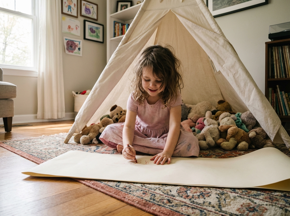 Une fille dessinant dans une tente de jeu avec des jouets en peluche