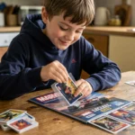 Jeune garçon rangeant des cartes Marvel Leclerc 2026 dans des pochettes de protection sur une table en bois