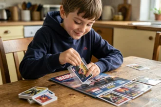 Jeune garçon rangeant des cartes Marvel Leclerc 2026 dans des pochettes de protection sur une table en bois