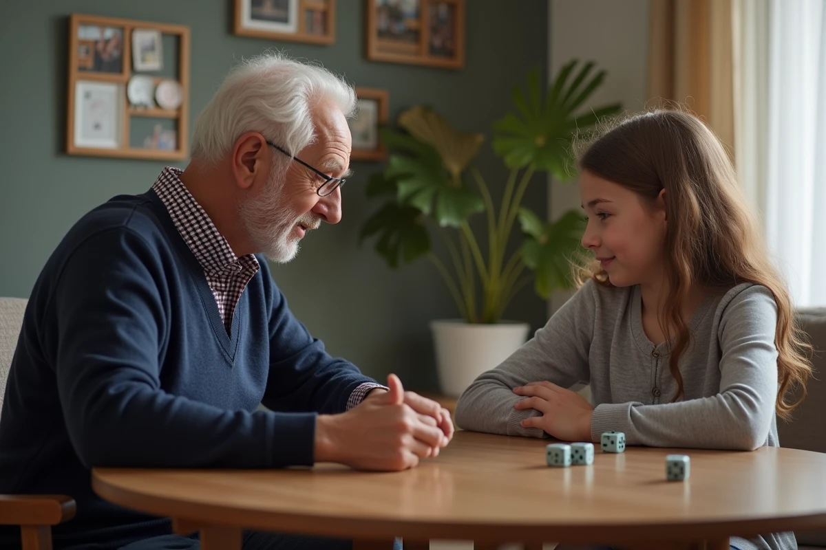 Grand-père expliquant les règles du jeu 421 à sa petite fille