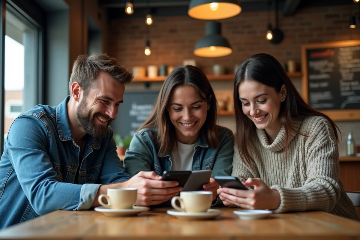 Groupe de jeunes adultes geeks consultant un blog pop culture et tech sur leurs téléphones dans un café urbain