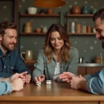 Groupe de trois adultes jouant au jeu 421 à la maison