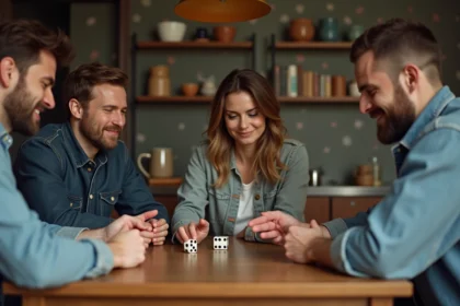 Groupe de trois adultes jouant au jeu 421 à la maison