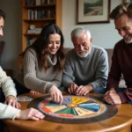 Groupe de quatre adultes jouant à Trivial Pursuit dans un salon convivial