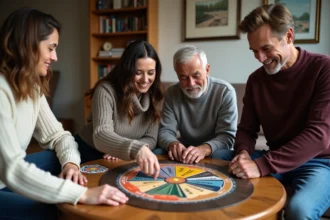 Groupe de quatre adultes jouant à Trivial Pursuit dans un salon convivial