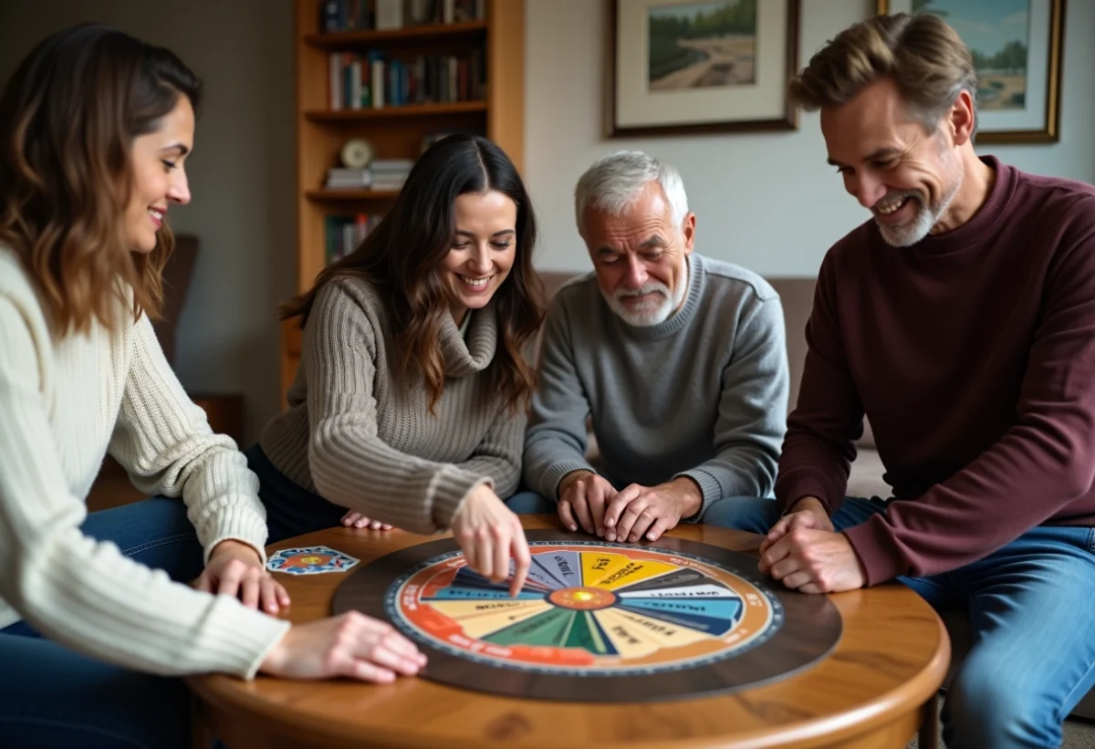 Groupe de quatre adultes jouant à Trivial Pursuit dans un salon convivial