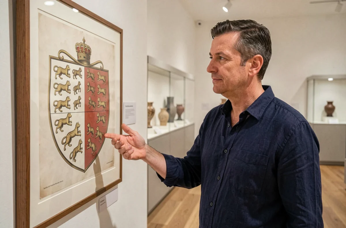 Historien expliquant les onze hermines du blason breton devant une reproduction encadrée dans un musée régional en Bretagne