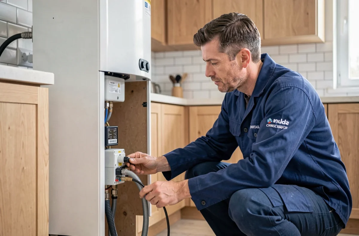 Technicien de Home Electr'eau raccordant un chauffe-eau électrique dans une cuisine moderne