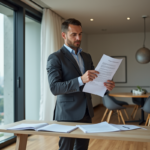 Homme d'affaires confiant examinant des documents immobiliers