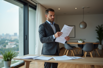 Homme d'affaires confiant examinant des documents immobiliers