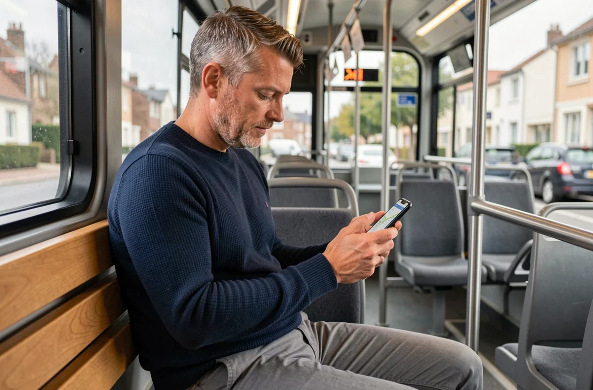 Homme consultant l'application plan bus 92 sur téléphone portable à l'intérieur d'un bus en mouvement