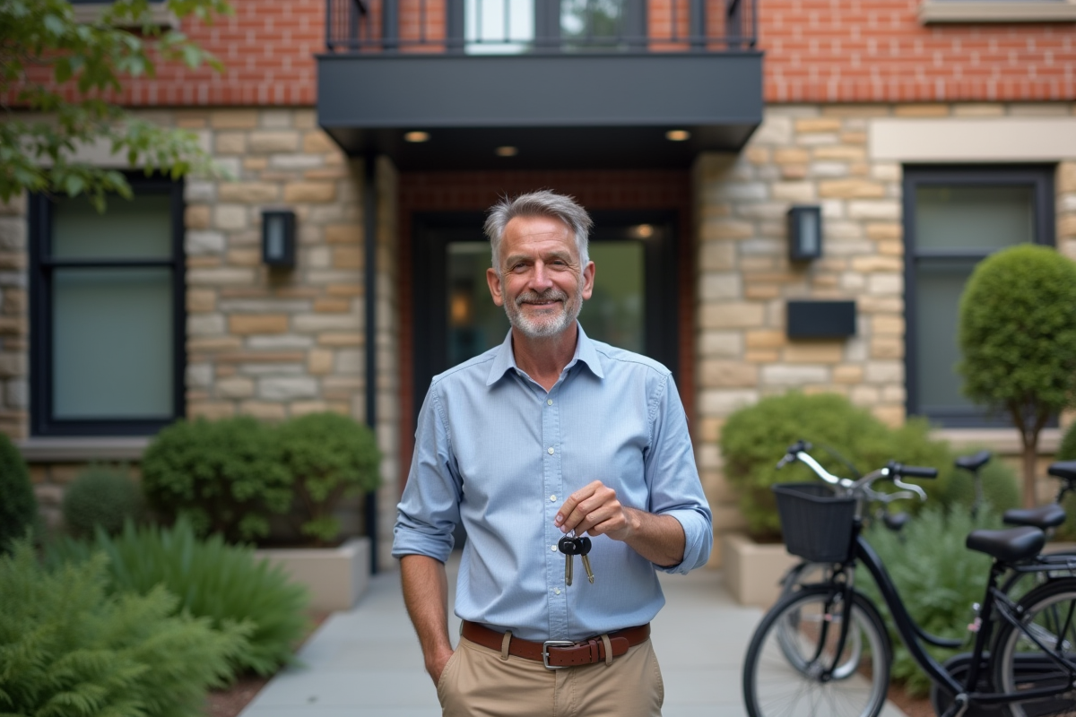 Homme souriant devant un immeuble rénové avec clés en main