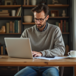 Homme concentré travaillant sur son ordinateur dans un bureau chaleureux