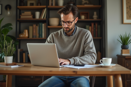 Homme concentré travaillant sur son ordinateur dans un bureau chaleureux