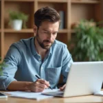 Homme en bureau moderne remplissant un formulaire sur son ordinateur