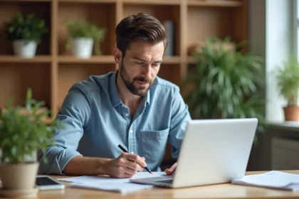 Homme en bureau moderne remplissant un formulaire sur son ordinateur