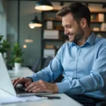 Homme en bureau regardant son badge avec sourire