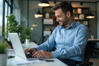Homme en bureau regardant son badge avec sourire