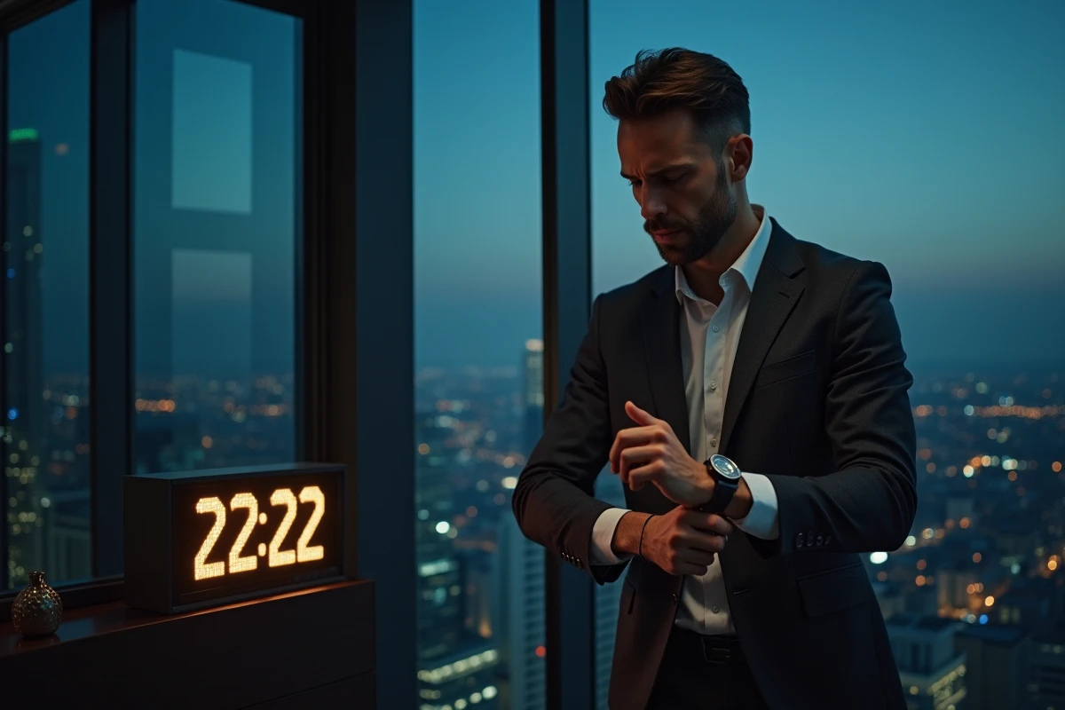 Homme en costume vérifiant sa montre dans un bureau moderne la nuit
