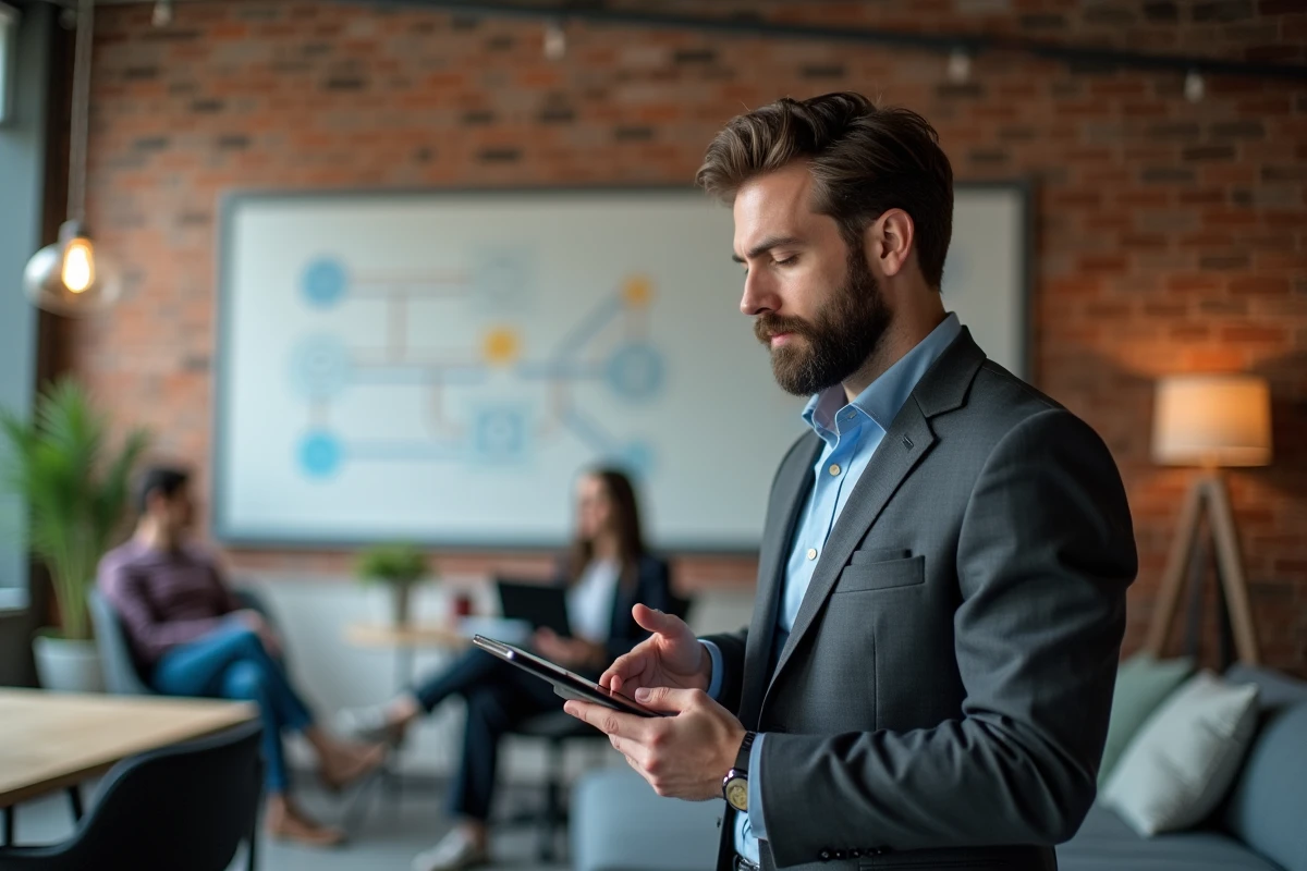 Homme barbu en costume vérifiant un email sur une tablette dans un coworking