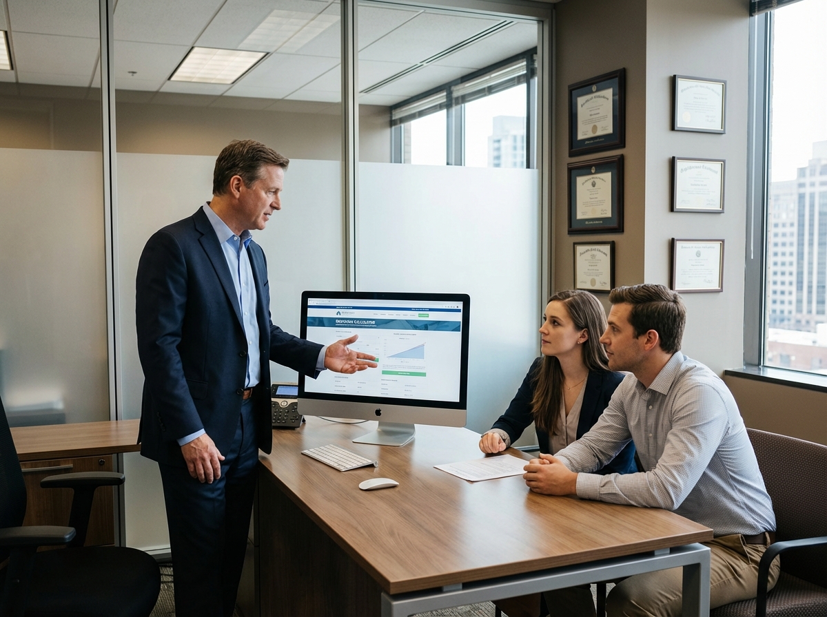 Homme en costume expliquant un calculateur de prêt immobilier