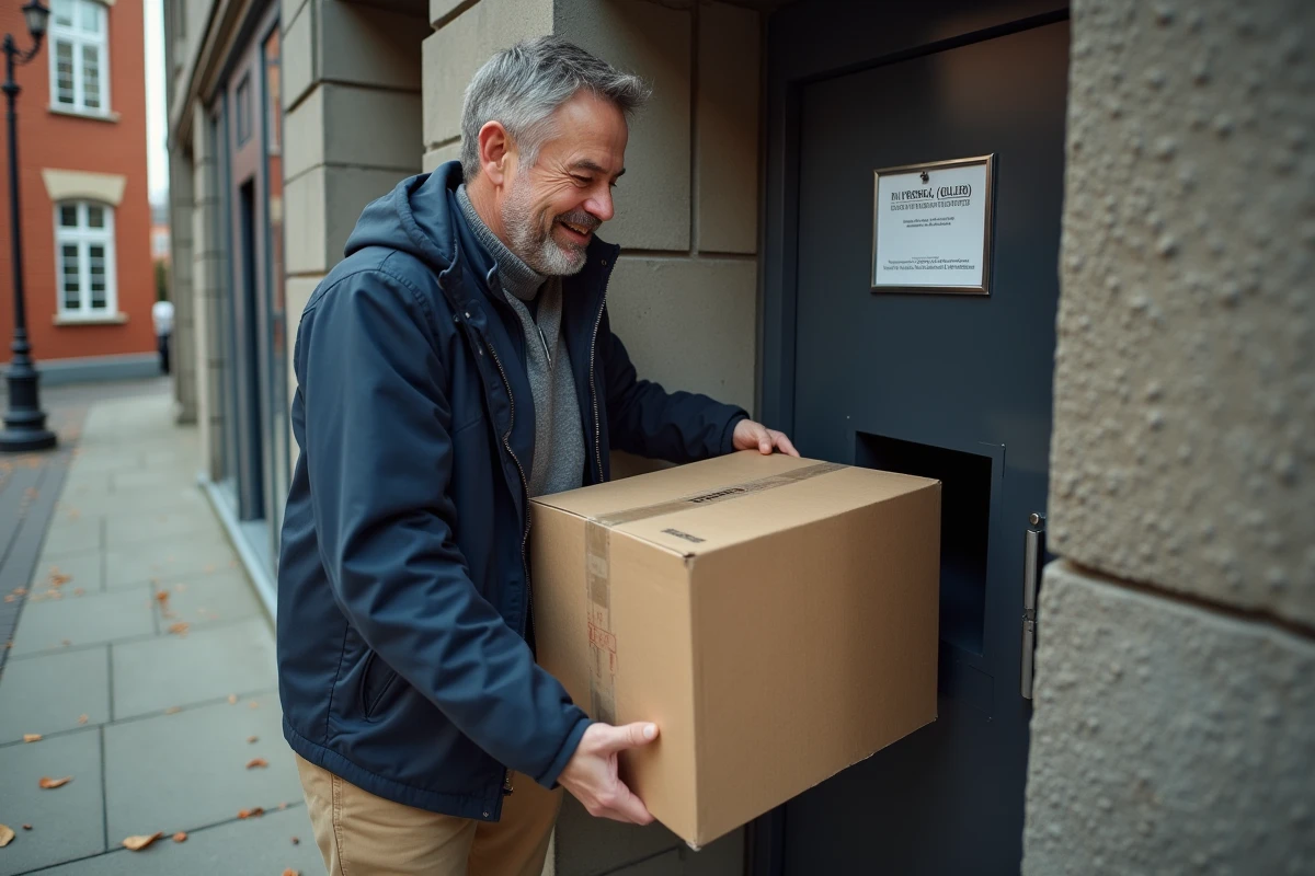 Homme dehors insérant un gros colis dans un point relais urbain