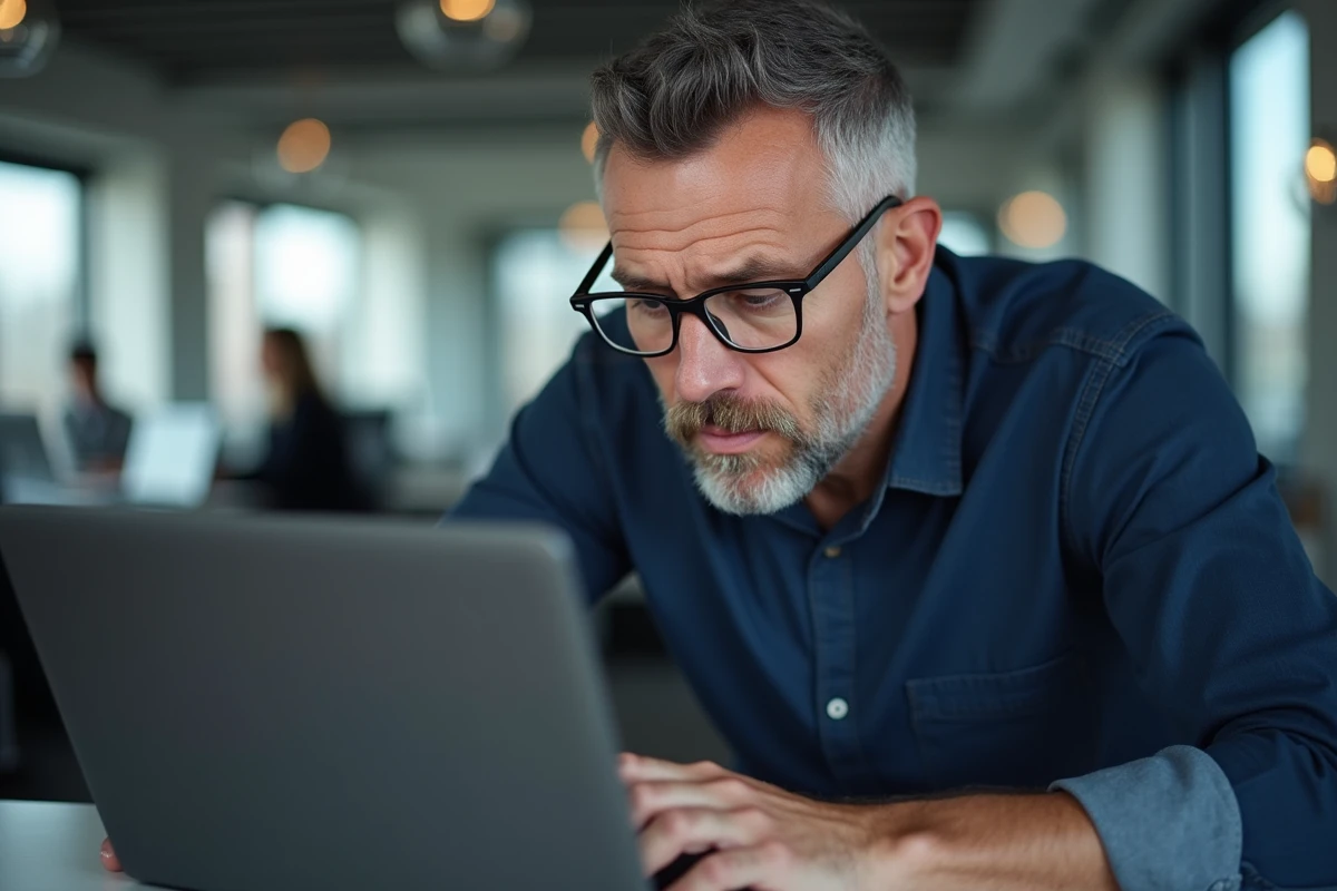 Homme en bureau open space observant une faute d'orthographe soulignée en rouge sur un traitement de texte en français