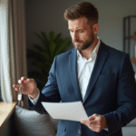 Homme en costume lisant des documents immobiliers dans un intérieur moderne