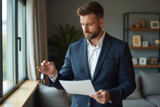 Homme en costume lisant des documents immobiliers dans un intérieur moderne
