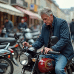 Homme inspectant une moto d'occasion en ville