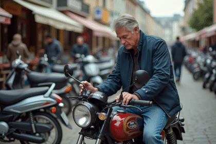 Homme inspectant une moto d'occasion en ville