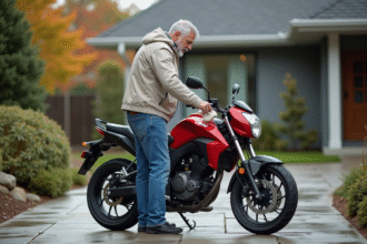 Homme nettoie une moto rouge en extérieur dans une cour