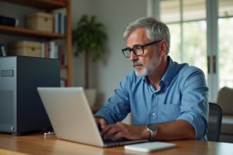 Homme d'âge moyen compare un nouveau laptop à un ordinateur ancien