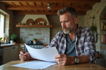 Homme d'âge moyen en jeans et chemise à carreaux à la cuisine
