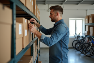 Homme organisant des boîtes dans un garage bien rangé