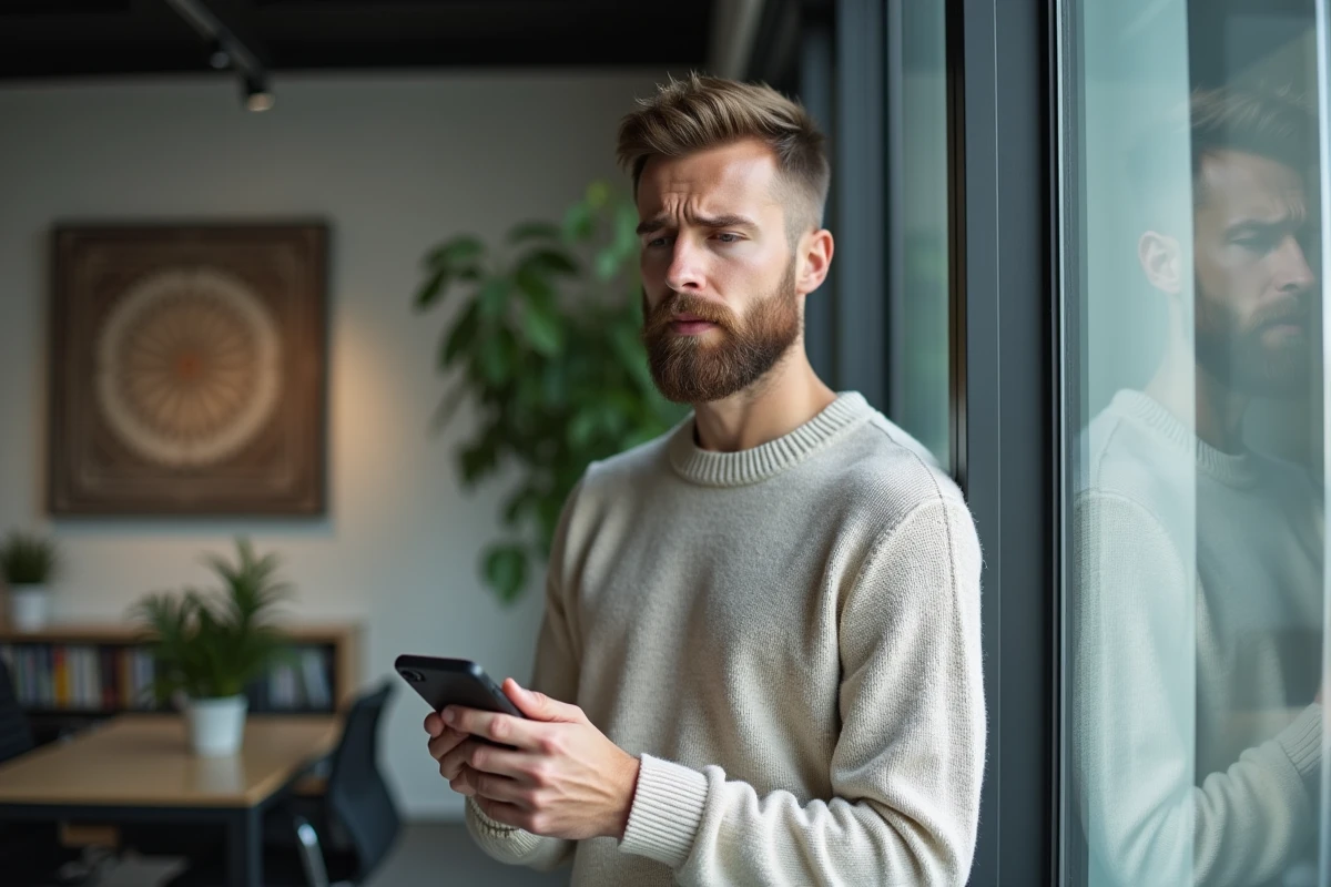 Homme daffaires écoute son smartphone avec frustration