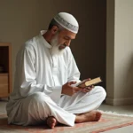 Homme musulman en djellaba blanche faisant ses prières pendant le Ramadan dans un appartement du Blanc-Mesnil