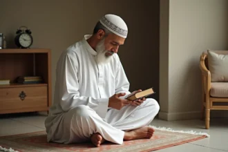 Homme musulman en djellaba blanche faisant ses prières pendant le Ramadan dans un appartement du Blanc-Mesnil